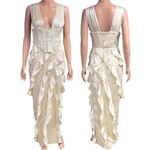 Oh Polly | Ambrosia Ruffle Trim Plunge Neck Corset Maxi Dress with Side Slit